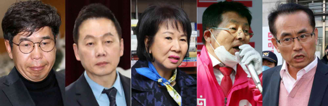 막말로 논란이 된 백원우 전 청와대 민정비서관(왼쪽부터), 정봉주 열린민주당 최고위원, 손혜원 열린민주당 공천관리위원장. 오른쪽 두 명은 미래통합당에서 제명된 차명진, 김대호 전 후보 /연합뉴스