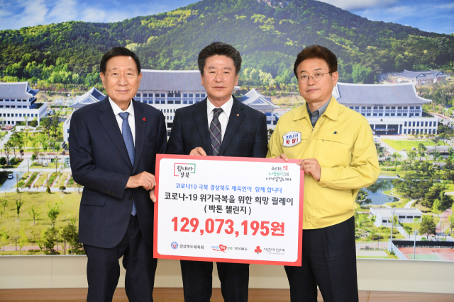 김하영 경북도체육회장(사진 중앙)은 14일 경북도청 접견실에서 이철우 경상북도지사(오른쪽), 신현수 경북 사회복지공동모금회장이 참석한 가운데 코로나19 위기극복을 위해 경북체육인들이 모은 성금을 전달했다. 경북도체육회 제공.