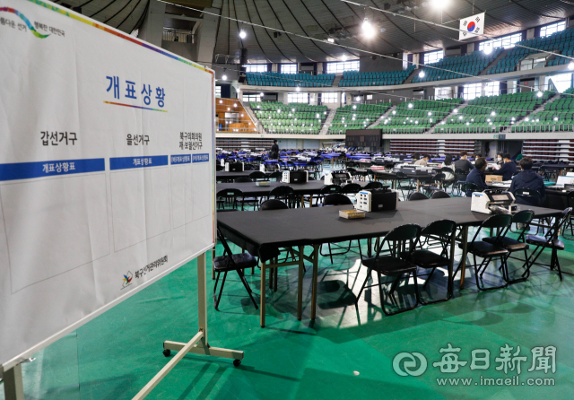 제21대 국회의원 선거를 하루 앞둔 지난 4월 14일 대구체육관에 마련된 개표장에서 선관위 직원들이 투표용지 분류기를 점검하는 모습. 매일신문 DB