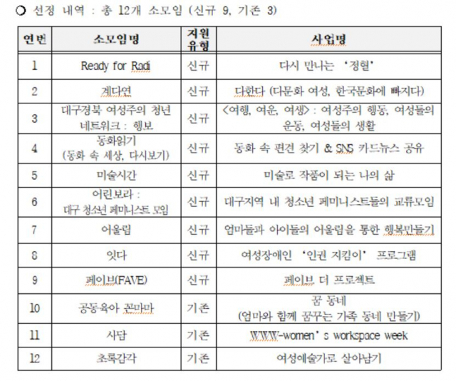 대구여성가족재단 지원 사업 