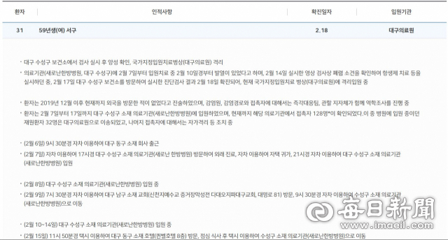 대구시 홈페이지에 게시된 확진자 동선 공개란의 모습. 지난 2월 18일 31번 확진자 발생 이후 멈춰 있는 상태다. 대구시 홈페이지 캡처
