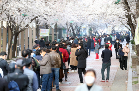 대구시 북구 칠성동 소상공인시장진흥공단 대구 북부센터에 코로나19 관련 소상공인 대출 상담을 받기 위해 소상공인들이 길게 줄지어 기다리고 있다. 연합뉴스