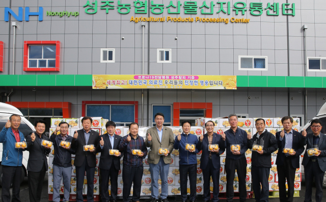 성주군 관계자들이 코로나19 전담기관에 기증할 성주참외 상자 앞에서