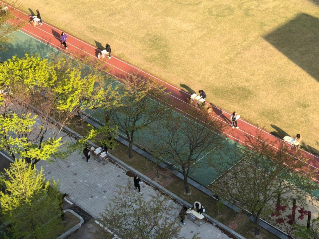 24일 오전 서울 노원구의 한 여자고등학교 운동장에서 학생들이 학교 운동장에서 모의고사 시험지를 받고 있다. 이날 고3 학생들은 교실에 들어가지 않고 운동장에 띄엄띄엄 떨어져 있는 교사들로부터 과목별 시험지와 답안지를 받은 뒤 귀가해 집에서 시험문제를 푸는 자가테스트를 치른다. [독자 제공. 재판매 및 DB 금지] 연합뉴스