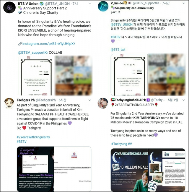 사진. 뷔의 각국 팬클럽들이 올린 기부 트윗