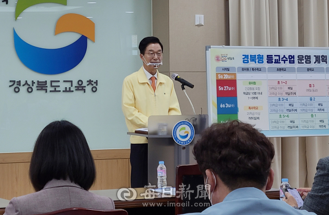 임종식 경북교육감이 등교 수업이 시작되면 교사들에게 지급할 투명 위생 마스크를 직접 착용하고 경북형 등교 수업 운영방안에 대해 이야기 하고 있다. 투명 위생 마스크는 비말 감염을 차단하고 수업 시 교사의 목소리를 또렷하게 전달할 수 있는 장점이 있다고 임 교육감은 전했다. 김영진 기자