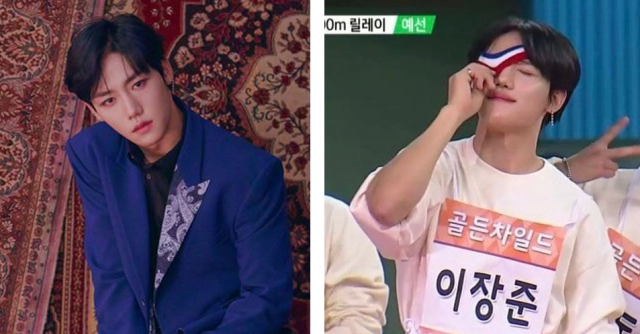 골든차일드의 메인 래퍼로서 이장준은 카리스마 있는 모습이지만(왼쪽 사진), 예능에만 오면 망가짐을 불사한다. 오른쪽 사진은 