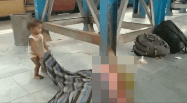 인도의 한 기차역에서 아이가 엄마가 숨진 것을 모른 채 엄마를 덮은 담요를 흔들어 깨우려는 영상이 SNS에 공유되며 안타까움을 주고 있다. SNS 캡처