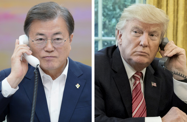 문재인 대통령이 1일 청와대 관저에서 도널드 트럼프 미국 대통령과 통화하고 있다. 연합뉴스