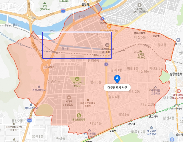 달서천(파란 네모 안). 드러나 있는 전 구간이 대구 서구 내에서만 흐른다. 달서구와
