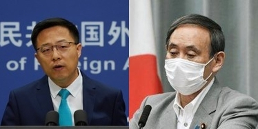 자오리젠 중국 외교부 대변인(왼쪽), 스가 요시히데 일본 관방장관. 연합뉴스