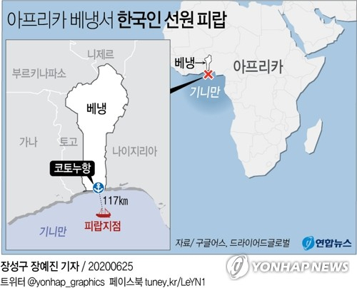 서부 아프리카 베냉 앞바다에서 한국인 선원 5명이 탄 배가 괴한들의 공격을 받아 이들이 피랍된 것으로 24일(현지시간) 알려졌다. 연합뉴스