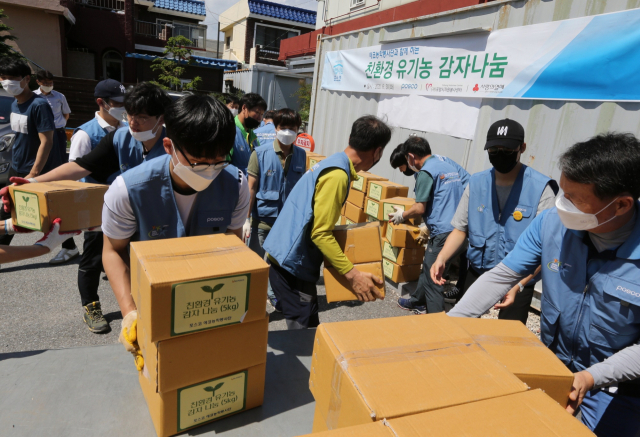 포항제철소 임직원들은 규산질 슬래그 비료를 활용해 직접 재배한 감자를 주변 이웃과 나누며 훈훈한 정을 전했다. 포항제철소 제공