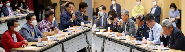 국방부가 주관하는 대구경북 통합신공항 이전부지 선정위원회를 이틀 앞둔 1일 오후 대구 동구청에서 통합신공항 대구시민추진단이 극적 합의를 이끌어 내기 위한 긴급 간담회를 열었다. 이날 군위군 통합신공항 추진위원회(왼쪽) 관계자와 통합신공항 의성군 유치위원회 관계자들은 서로 대립각을 세우며 합의점을 도출해 내지 못했다. 김영진 기자 kyjmaeil@imaeil.com