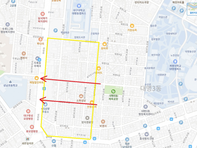 2024년 2천여가구의 아파트 단지가 들어서는 대명3동 뉴타운 주택개발사업지(노란선 안). 인근 주민들은 이 부지에 기존에 다니던 통행로(빨간 선)이 포함돼 먼 길을 돌아가야 한다며 불편을 호소하고 있다. 네이버지도 캡처