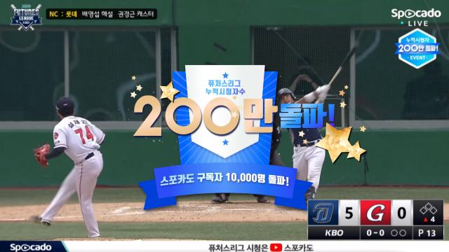 퓨처스리그 중계 누적 시청자 수 200만명 돌파. 스포카도 제공