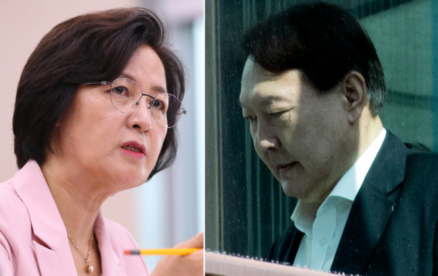8일 추미애 법무부 장관이 검언유착 의혹 수사지휘와 관련해 윤석열 검찰총장에게 최후통첩을 날렸다. 사진은 1일 국회 법사위 전체회의에 참석한 추미애 장관과 지난 2월 6일 대검 별관으로 향하는 윤석열 검찰총장의 모습. 연합뉴스