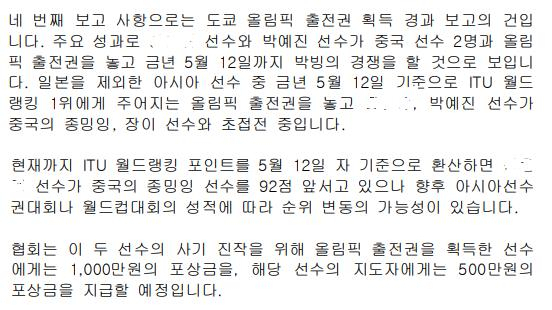 대한철인3종협회가 지난 2월 고 최숙현 선수에 대한 문제를 보고 받은 이후, 가해 혐의자인 경주시청 소속 선수에게 도쿄올림픽 출전 포상금 방안을 제시한 사실이 확인됐다. 사진은 지난 2월 14일에 열린 대한철인3종협회 정기대의원총회 회의록으로, 가해 혐의자인 장 모 선수가 올림픽 출전권을 획득할 시 포상금을 지급하겠다는 내용이 담겨있다. 2020년 대한철인3종협회 정기대의원총회 회의록 캡처. 연합뉴스