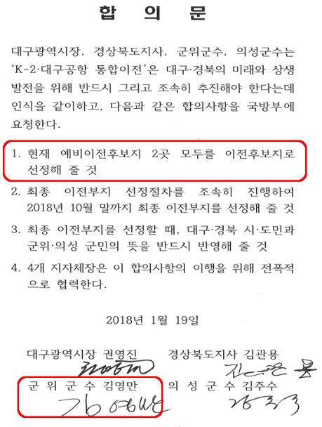 2018년 1월 19일 작성된 대구경북 통합신공항 건설 사업 관련 4개 단체장 합의문. 김영만 군위군수가 군위 우보 단독후보지, 의성 비안·군위 소보 공동후보지 2곳 모두를 이전후보지로 선정해달라는 것에 서명한 것을 확인할 수 있다. 경북도 제공