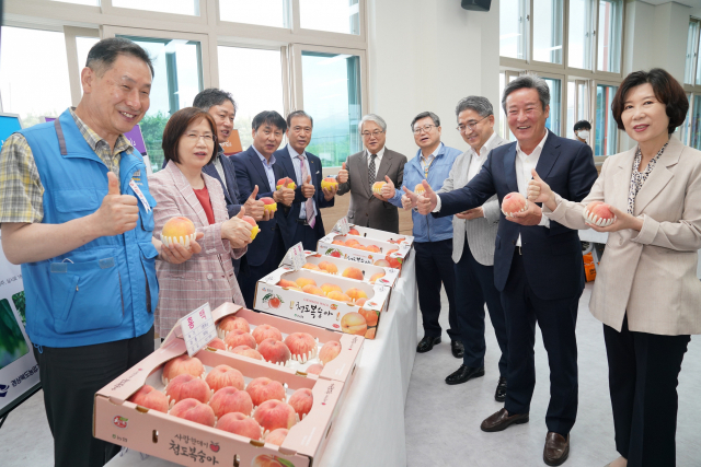14일 열린 복숭아 신품종 평가회 참석자들이 엄지손가락을 치켜 세우며 기념촬영을 하고 있다. 경북도 제공