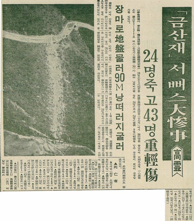 1970년 7월 21일자 매일신문 1면에 실린 금산재 버스 사고 기사. 매일신문 DB