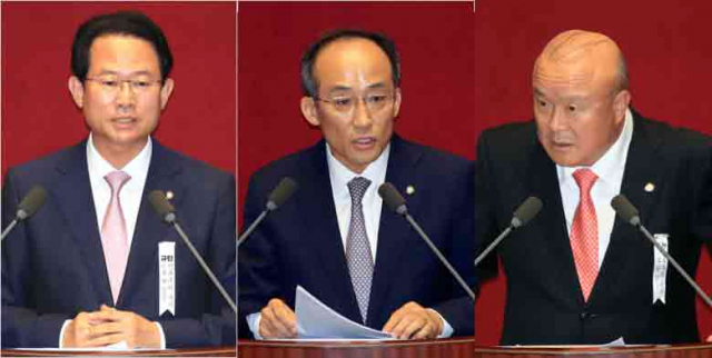 류성걸(대구 동갑)·추경호(대구 달성)·김희국(군위의성청송영덕) 미래통합당 국회의원(왼쪽부터)이 4일 오후 국회 본회의에서 부동산 3법, 공수처법 후속 법안 등 쟁점 법안을 놓고 반대 토론을 하고 있다. 연합뉴스