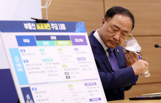 홍남기 경제부총리 겸 기획재정부 장관이 10일 오후 정부세종청사 기획재정부에서 열린 브리핑에서 부동산 세제개편 주요 내용 등 최근 주요 정책현안에 관해 설명하기 전 마스크를 벗고 있다. 연합뉴스
