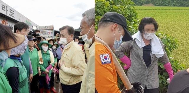 12일 따로 전국 수해현장을 방문한 문재인 대통령과 부인 김정숙 여사(오른쪽). 문재인 대통령은 경남 하동 및 전남 구례를, 김정숙 여사는 강원 철원을 찾았다. 연합뉴스