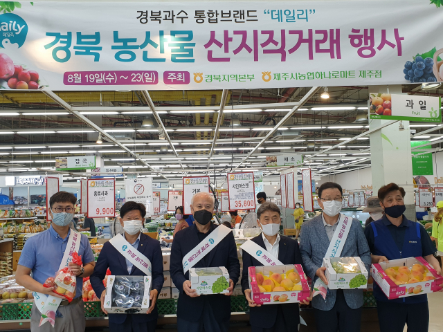 백희병(왼쪽 두 번째부터) 제주농협 부본부장, 고봉주 제주시농협 조합장, 김춘안 경북농협 본부장, 김태종 대전유통 대표이사가 산지직거래 행사 기념사진을 찍고 있다. 경북농협 제공