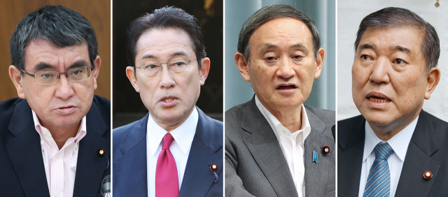 아베 신조 일본 총리가 사임 의사를 밝히면서 후임 물망에 오르는 4인의 정치인. 왼쪽부터 고노 다로 방위상, 기시다 후미오 전 외무상,스가 요시히데 관방장관, 이시바 시게루 전 자민당 간사장. 연합뉴스