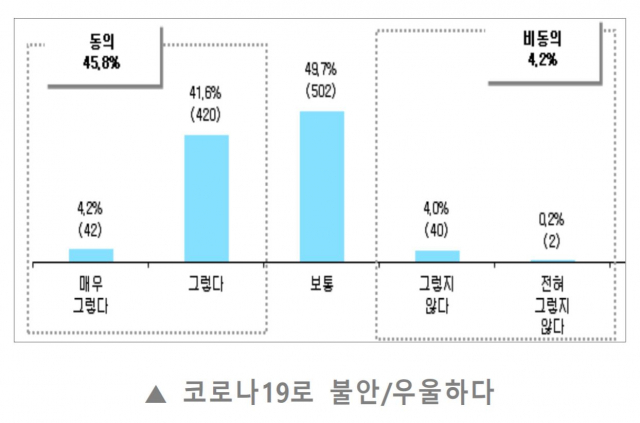 대구시민을 대상으로 한 설문조사 결과 45.8%가 코로나19로 인한 불안 및 우울을 호소했다. 대구경북연구원 제공