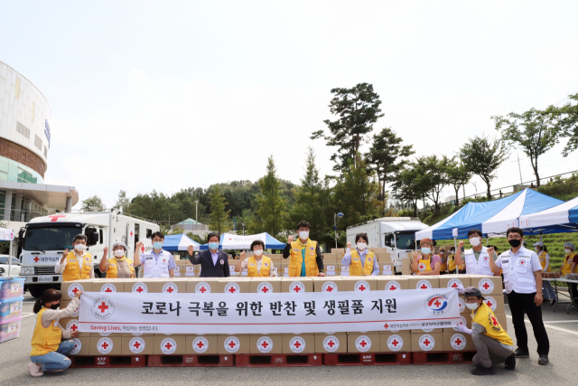 밑반찬 및 생필품 지원에 나선 상주 적십자 봉사회 회원들이 단체사진을 찍고 있다. 경북적십자 제공
