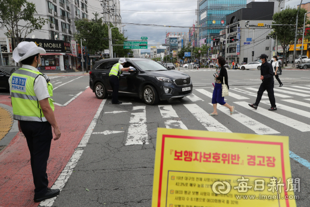 7일 오후 대구 서구 남평리네거리 횡단보도에서 서부경찰서 교통경찰들이 보행자 신호등에 파란 불인데도 진입한 차량을 멈춰 세운 뒤 보행자보호위반 경고장을 발부하고 있다. 정운철 기자 woon@imaeil.com