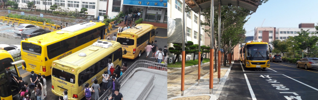 대구 영광학원 산하 특수학교 5곳이 함께 이용하는 통학 회차로가 최근 새 단장을 마쳤다. 회차로 정비 사업 전(왼쪽)과 사업 마무리 후(오른쪽) 모습. 대구시교육청 제공