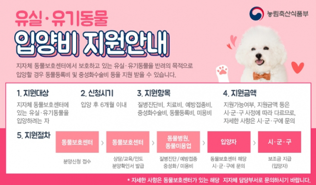 유기동물 입양비 지원 안내. 동물보호관리시스템 홈페이지