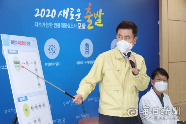 이강덕 포항시장이 최근 잇따라 터지고 있는 코로나19 확산에 대한 감염경로 조사결과를 설명하고 있다. 매일신문DB