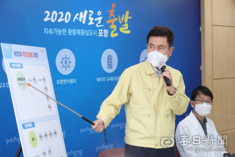 이강덕 포항시장이 최근 잇따라 터지고 있는 코로나19 확산에 대한 감염경로 조사결과를 설명하고 있다. 포항시 제공