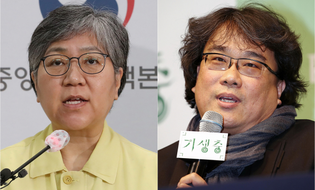 정은경(왼쪽) 질병관리청장과 봉준호 영화감독이 미국 시사주간지 
