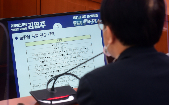 8일 국회에서 열린 외교통일위원회의 통일부 등에 대한 국정감사에서 이승환 민주평화통일자문회의 사무처장이 음란물 자료 전송 내역을 바라보고 있다. 연합뉴스