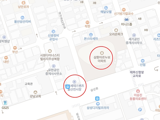 왼쪽 빨간원이 스타자동차 전시장, 바로 오른쪽 빨간원이 지난 8일 밤 화재가 발생해 9일 낮까지 15시간여동안 진화 작업이 이뤄진 삼환아르누보 주상복합아파트. 네이버 지도