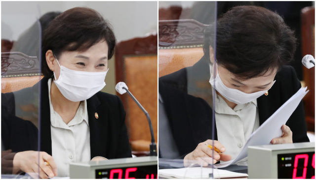 김현미 국토교통부 장관이 16일 오전 세종시 정부세종청사에서 열린 국회 국토교통위원회의 국토교통부, 행정중심복합도시건설청, 새만금개발청에 대한 국정감사에서 국민의힘 소속 송석준 위원이 준비한 가수 나훈아의 