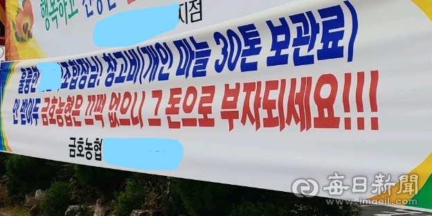 경북 영천시 금호농협 한 조합원이 내건 농협 측과 조합장의 저온창고 불법 사용을 비난하는 현수막이 눈길을 끈다. 독자 제공