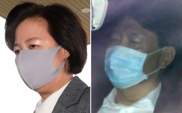 21일 오후 추미애 법무부 장관(왼쪽)이 정부과천청사로 들어서고 있다. 윤석열 검찰총장도 이날 오전 서울 서초구 서초동 대검찰청으로 출근하고 있다. 연합뉴스