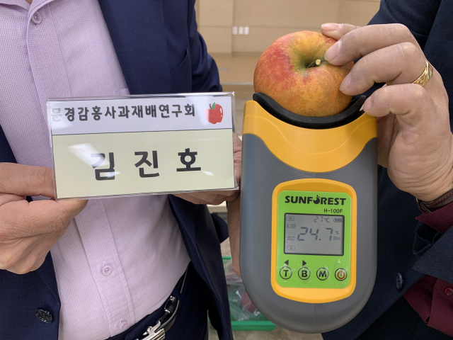 당도체크기 검사결과 24.7브릭스를 찍은 마성면 김진호 씨의 문경감홍사과.