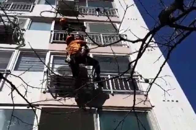 지난 24일 119구조대가 대구 수성구 한 아파트에서 에어컨 실외기에 떨어진 아이를 구하고 있다. 대구소방안전본부 제공