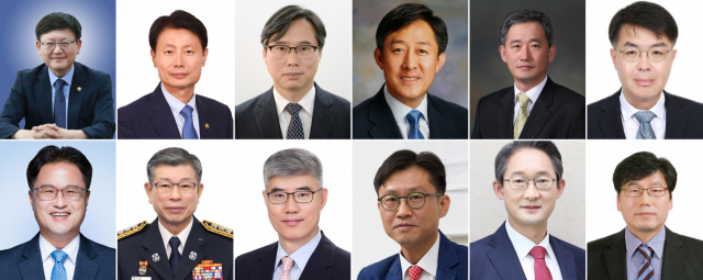 문재인 대통령은 1일 12개 차관급 인사를 단행했다. 윗줄 왼쪽부터 청와대 일자리수석에 내정된 임서정 고용노동부 차관, 식품의약품안전처장에 내정된 김강립 보건복지부 1차관, 산업통상자원부 차관에 내정된 박진규 전 청와대 신남방신북방비서관, 보건복지부 1차관에 내정된 양성일 복지부 기획조정실장, 고용노동부 차관에 내정된 박화진 고용부 노동정책실장, 국토교통부 1차관에 내정된 윤성원 전 청와대 국토교통비서관 아랫줄 왼쪽부터 조달청장에 내정된 김정우 전 국회의원, 소방청장에 내정된 신열우 서울시 소방재난본부장, 기상청장에 내정된 박광석 환경부 기획조정실장, 금융위원회 부위원장에 내정된 도규상 전 청와대 경제정책비서관, 행정안전부 재난관리본부장에 내정된 김희겸 경기도 행정1부지사, 문화체육관광부 국립중앙박물관장에 내정된 민병찬 국립중앙박물관 경주박물관장. 연합뉴스