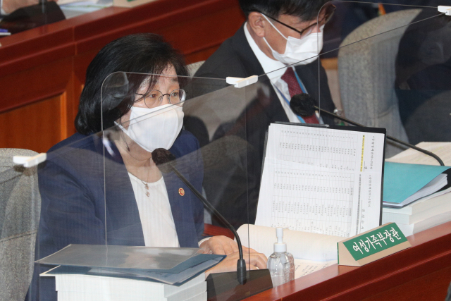 이정옥 여성가족부 장관이 5일 국회에서 열린 예산결산특별위원회 전체회의에서 의원 질의에 답변하고 있다. 연합뉴스