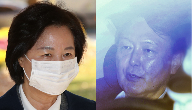 추미애 법무부 장관(왼쪽)이 10일 오전 국무회의에 참석하기 위해 정부서울청사로 입장하고 있다. 윤석열 검찰총장(오른쪽)이 10일 오후 점심 식사를 마치고 서초동 대검찰청으로 들어가고 있다. 연합뉴스