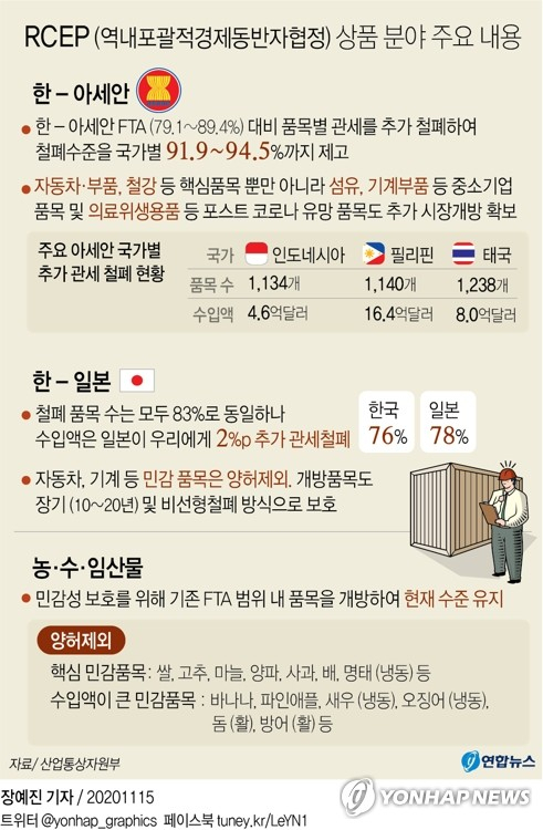 한중일을 포함해 15개국이 참여하는 역내포괄적경제동반자협정(RCEP)이 15일 최종 서명됨에 따라 세계 최대 자유무역협정(FTA)이 출범했다. 연합뉴스 연합뉴스