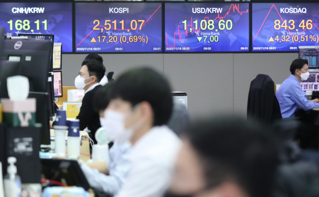코스피가 16일 상승세로 출발하며 장중 2,510선까지 올라섰다. 지수는 전장보다 13.59포인트(0.54%) 오른 2,507.46에서 출발해 강세 흐름을 보이고 있다. 사진은 이날 서울 중구 하나은행 본점 딜링룸. 연합뉴스